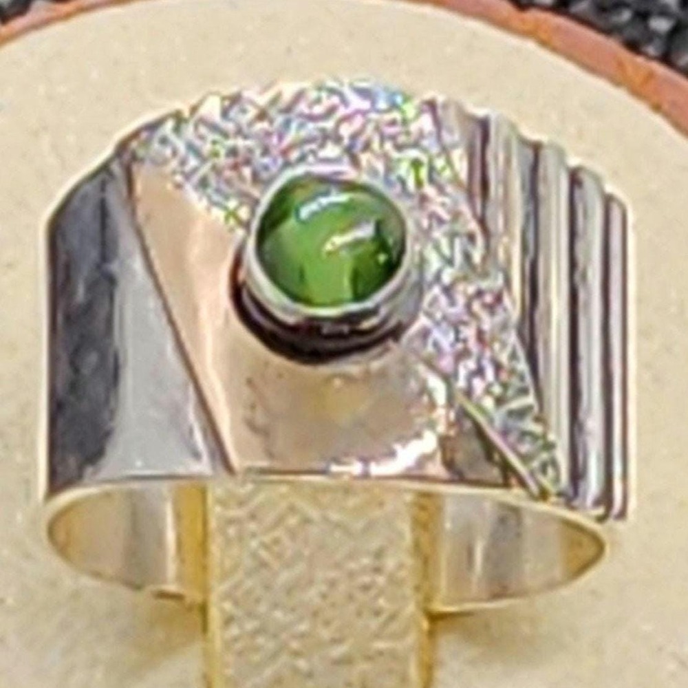 Artisan Peridot Sterling Silver 18K Gold Ring Women Size 6 Green MCM Boho